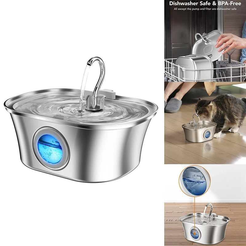 3.2L Cat Water Fountain With Water Level Window,Stainless Steel Automatic Pet Water Fountain,Dog Water Dispenser Durable USB