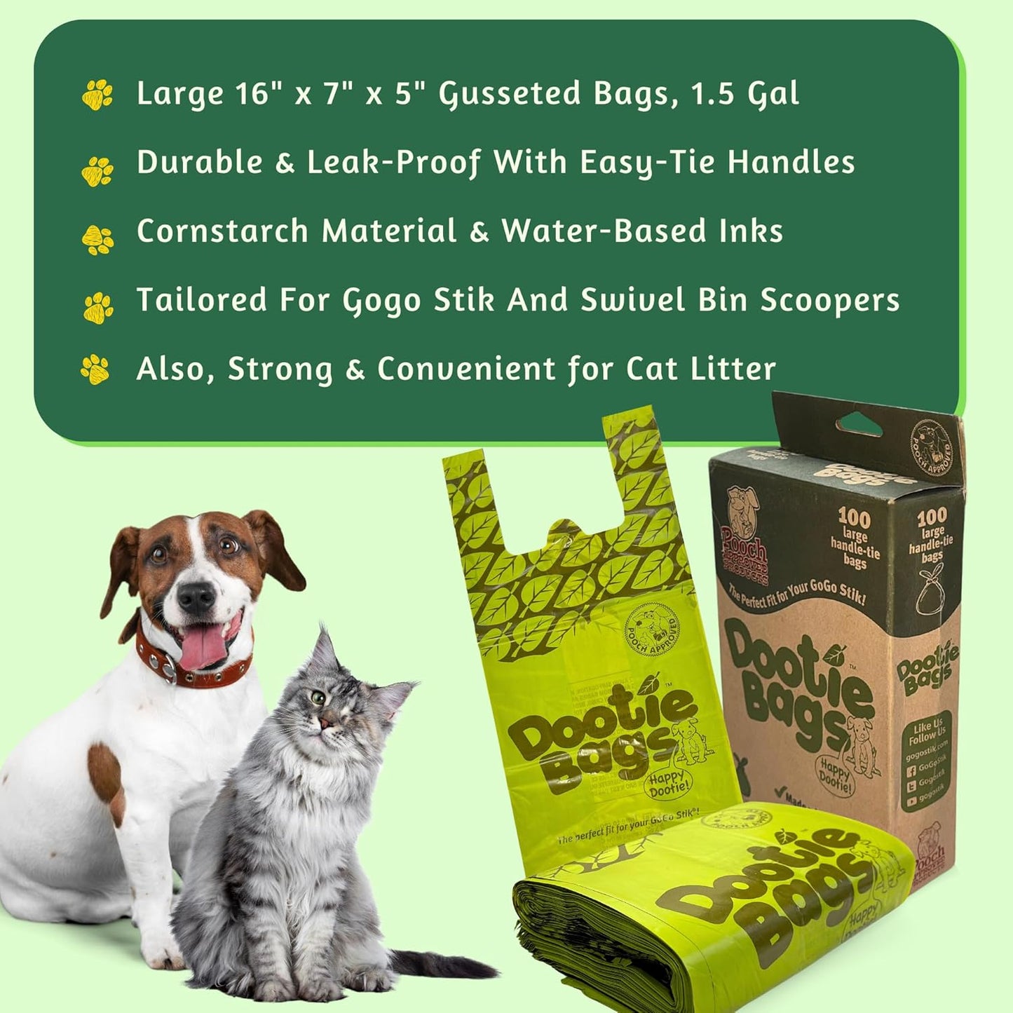 Pooch Approved Dootie Bags - Dog Poop Bag - Tie-Handles - 100 Count Dootie Strong Leakproof Bags - Perfect for Dogs & Cats - Litter - Pet Waste Cleanup - Swivel Bin & Scoopers
