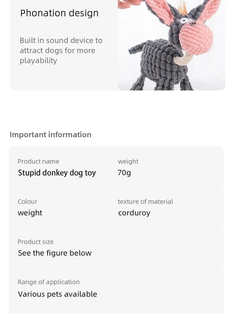 Dog Sounding Toy Molar Training Decompress Interactive Bite Resistant Donkey Shape Plush Toys Pet Supplies