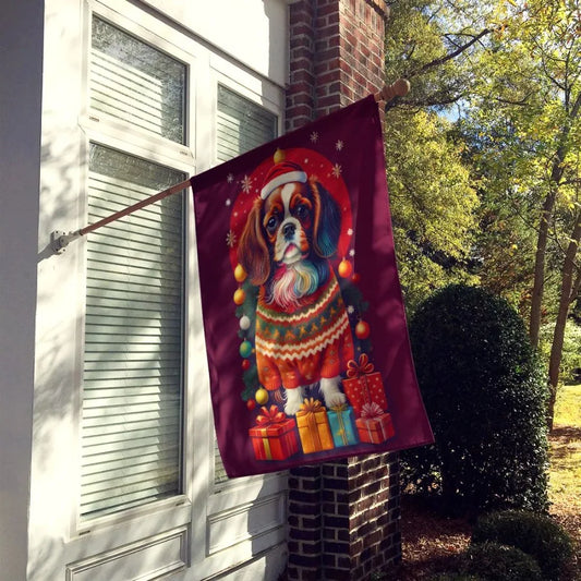 English Toy Spaniel Holiday Christmas House Flag Large Porch Sleeve Pole Drative Outside Yard Banner Artwork Wall Hanging Polye