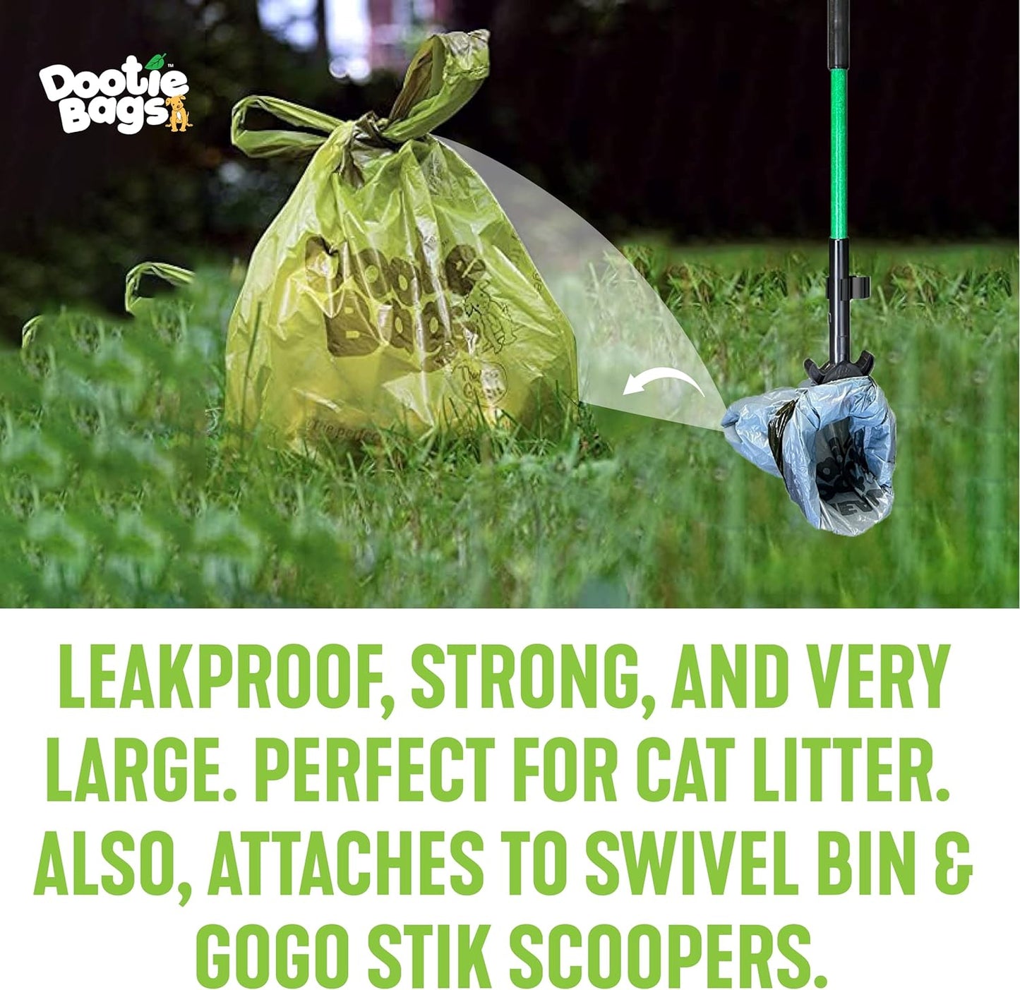 Pooch Approved Dootie Bags - Dog Poop Bag - Tie-Handles - 100 Count Dootie Strong Leakproof Bags - Perfect for Dogs & Cats - Litter - Pet Waste Cleanup - Swivel Bin & Scoopers