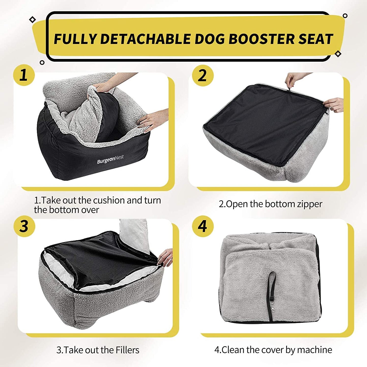 Burgeonnest Dog Car Seat for Small Dogs, Soft Pet Car Travel Home Bed under 25 Lbs, Fully Detachable and Washable Cat Booster Carseats with Storage Pockets and Clip-On Leash Portable Carrier,Black