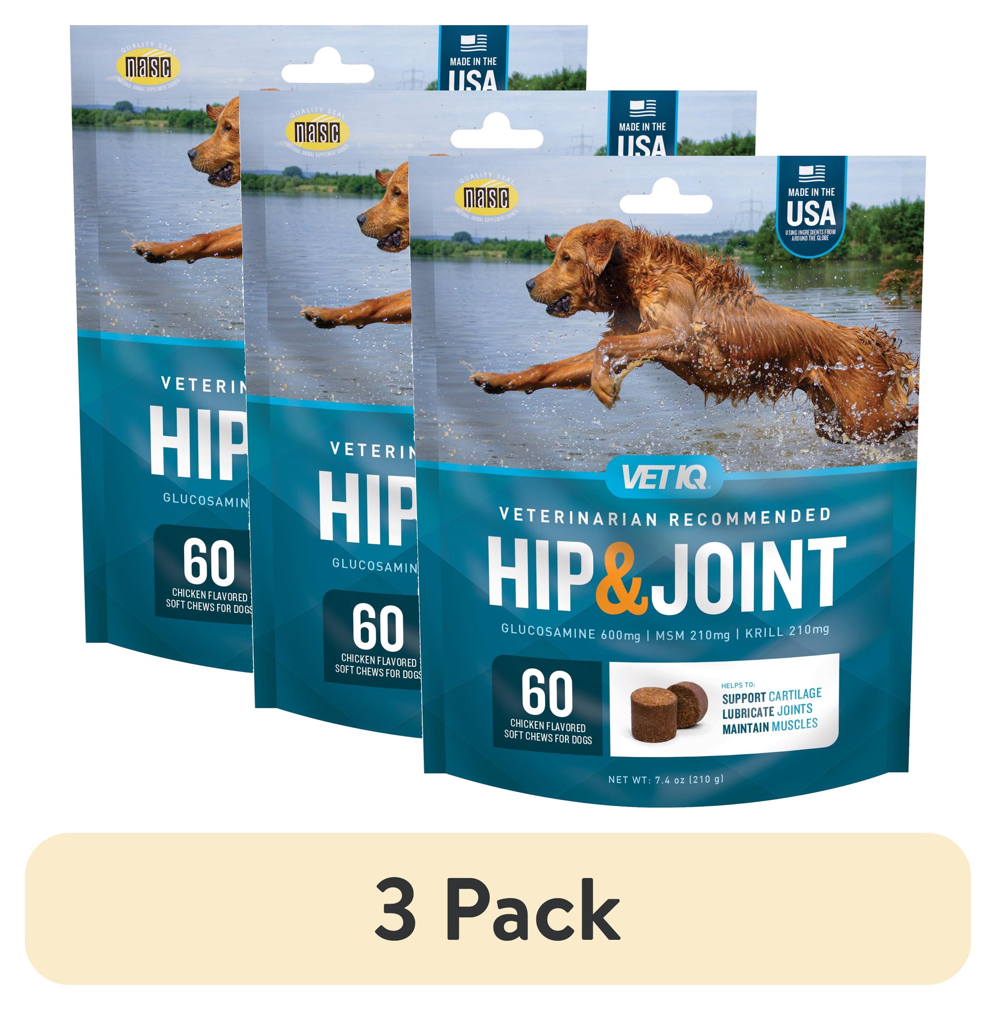 (3 Pack)  Hip & Joint Supplement for Dogs, Chicken Flavored Soft Chews, 7.4 Oz
