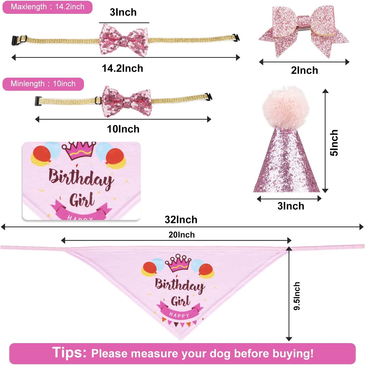 Dog Birthday Party Supplies - Bandana Hat Banner Set with Boy & Girl Cute Bow Tie Scarf - Dog Birthday Decorations (Pink, Girl)