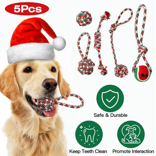 5Pcs Christmas Dog Rope Chew Toys Dog Interactive Toys Set for Puppy Small Medium Aggressive Chewers Dogs Training Teething Pla