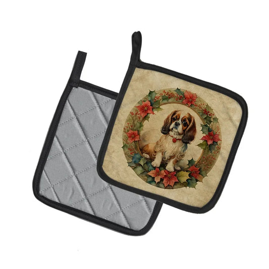 English Toy Spaniel Christmas Flowers Pair of Pot Holders Kitchen Heat Resistant Pot Holders Sets Oven Hot Pads for Cooking Bak