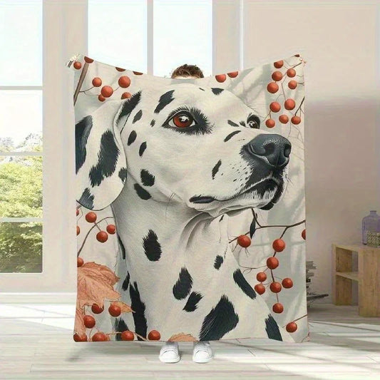 Dalmatian Dog Lovers Flannel Throw Blanket - Realistic Spotted Design with Berry Accents