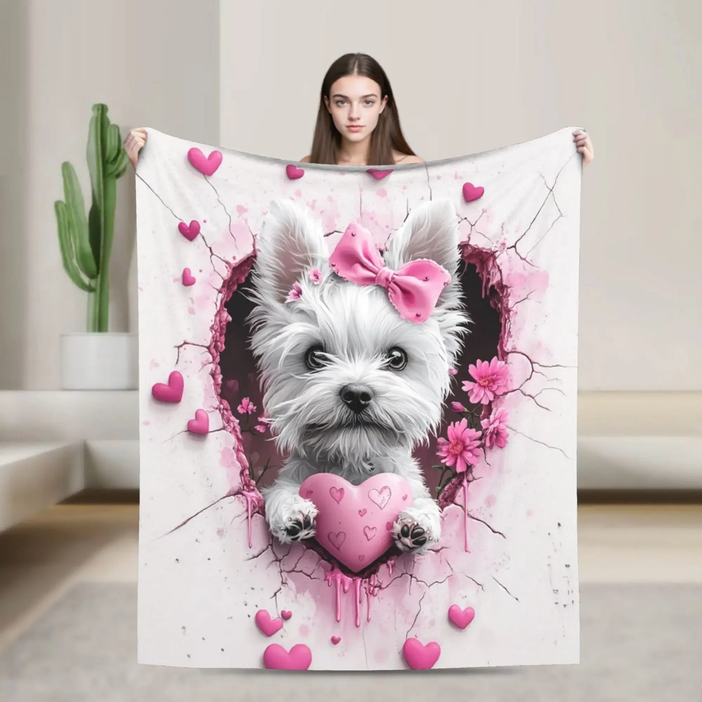 West Highland White Terrier Dog Pink Floral Heart Print Flannel Throw Blanket - Soft and Cozy Novelty Fleece Blanket for Napping