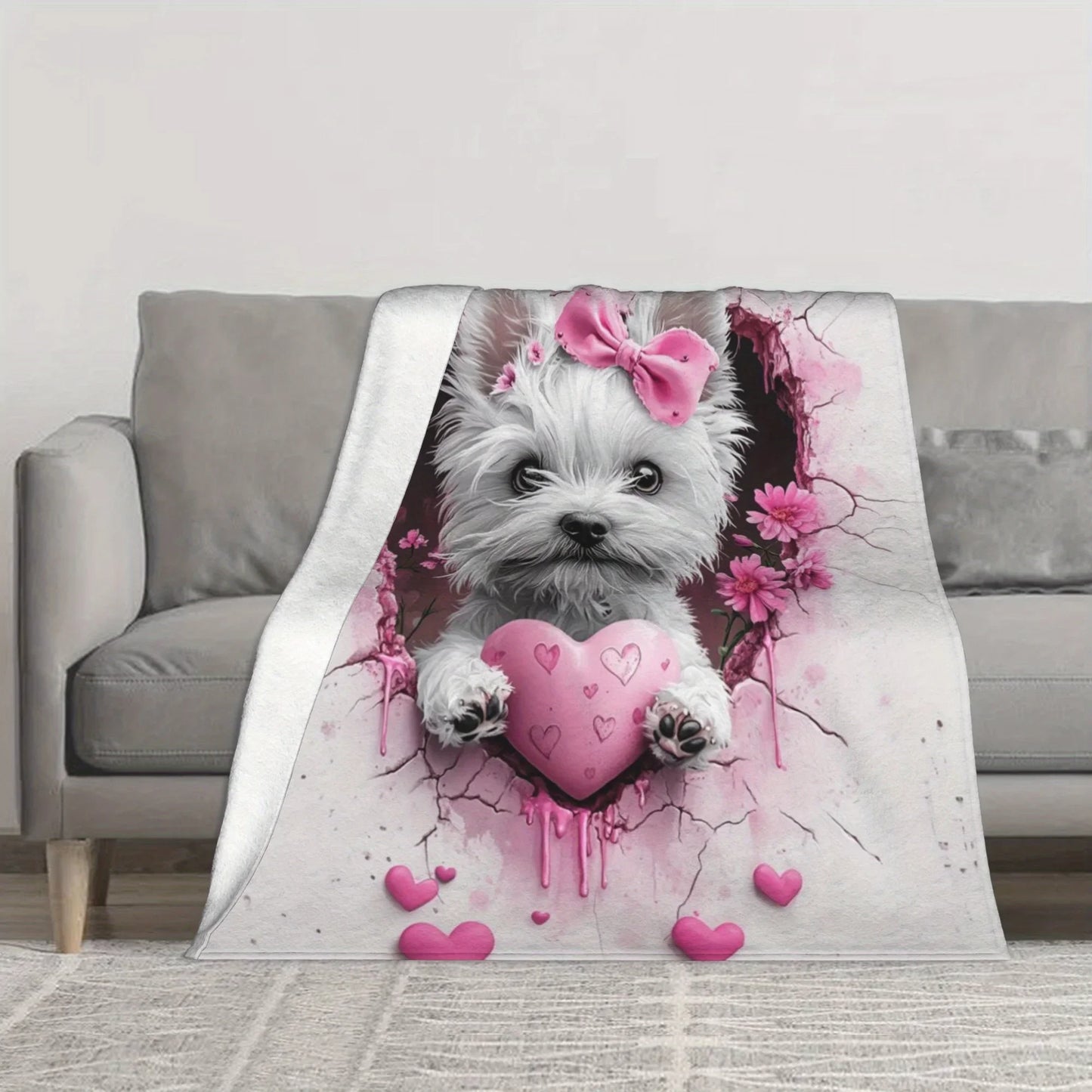 West Highland White Terrier Dog Pink Floral Heart Print Flannel Throw Blanket - Soft and Cozy Novelty Fleece Blanket for Napping
