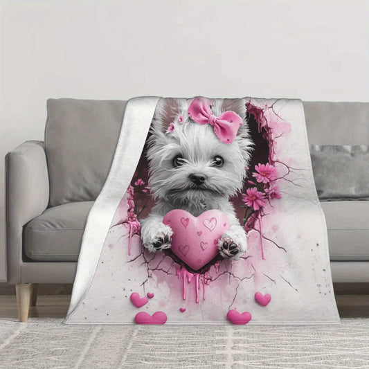 West Highland White Terrier Dog Pink Floral Heart Print Flannel Throw Blanket - Soft and Cozy Novelty Fleece Blanket for Napping