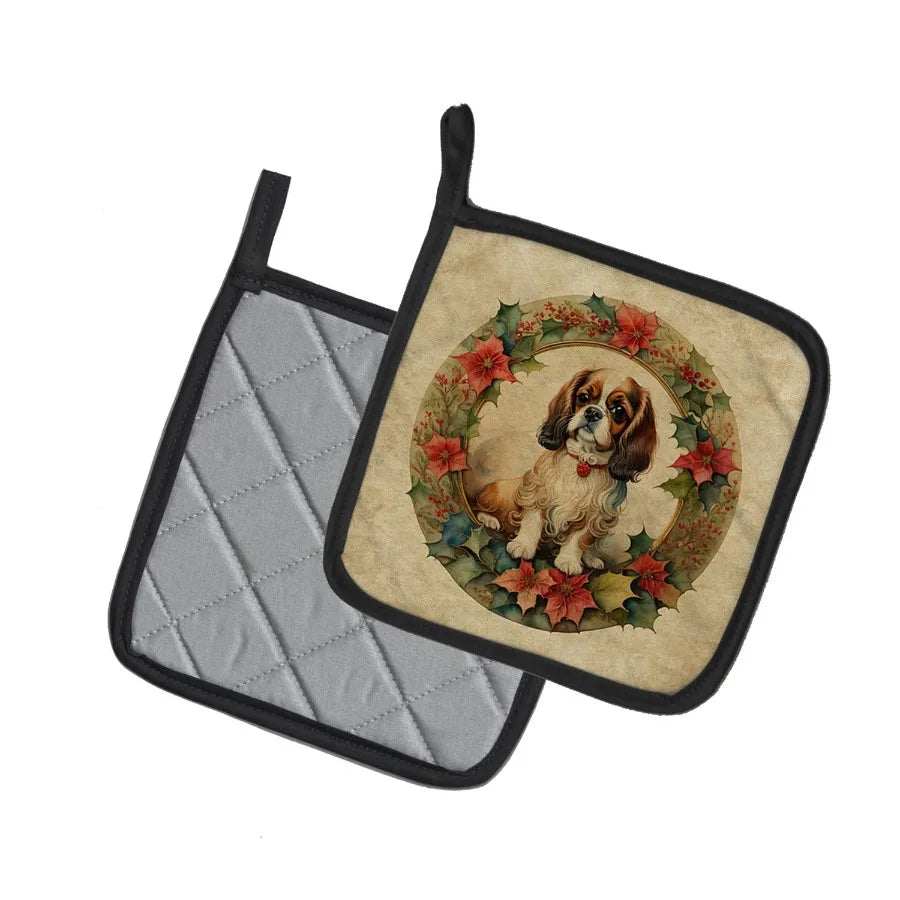 English Toy Spaniel Christmas Flowers Pair of Pot Holders Kitchen Heat Resistant Pot Holders Sets Oven Hot Pads for Cooking Bak