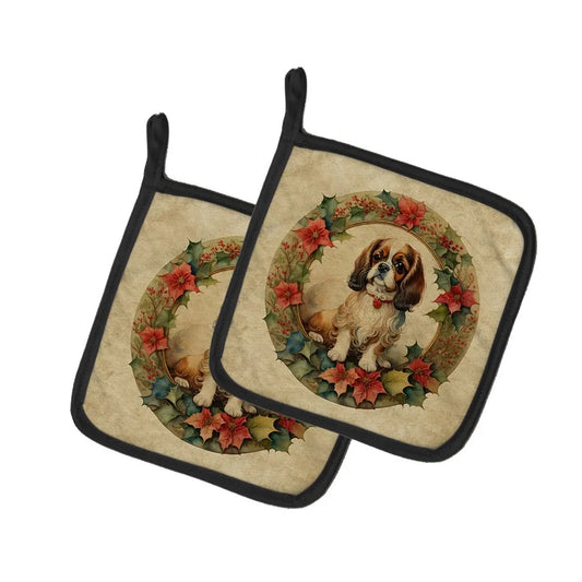 English Toy Spaniel Christmas Flowers Pair of Pot Holders Kitchen Heat Resistant Pot Holders Sets Oven Hot Pads for Cooking Bak