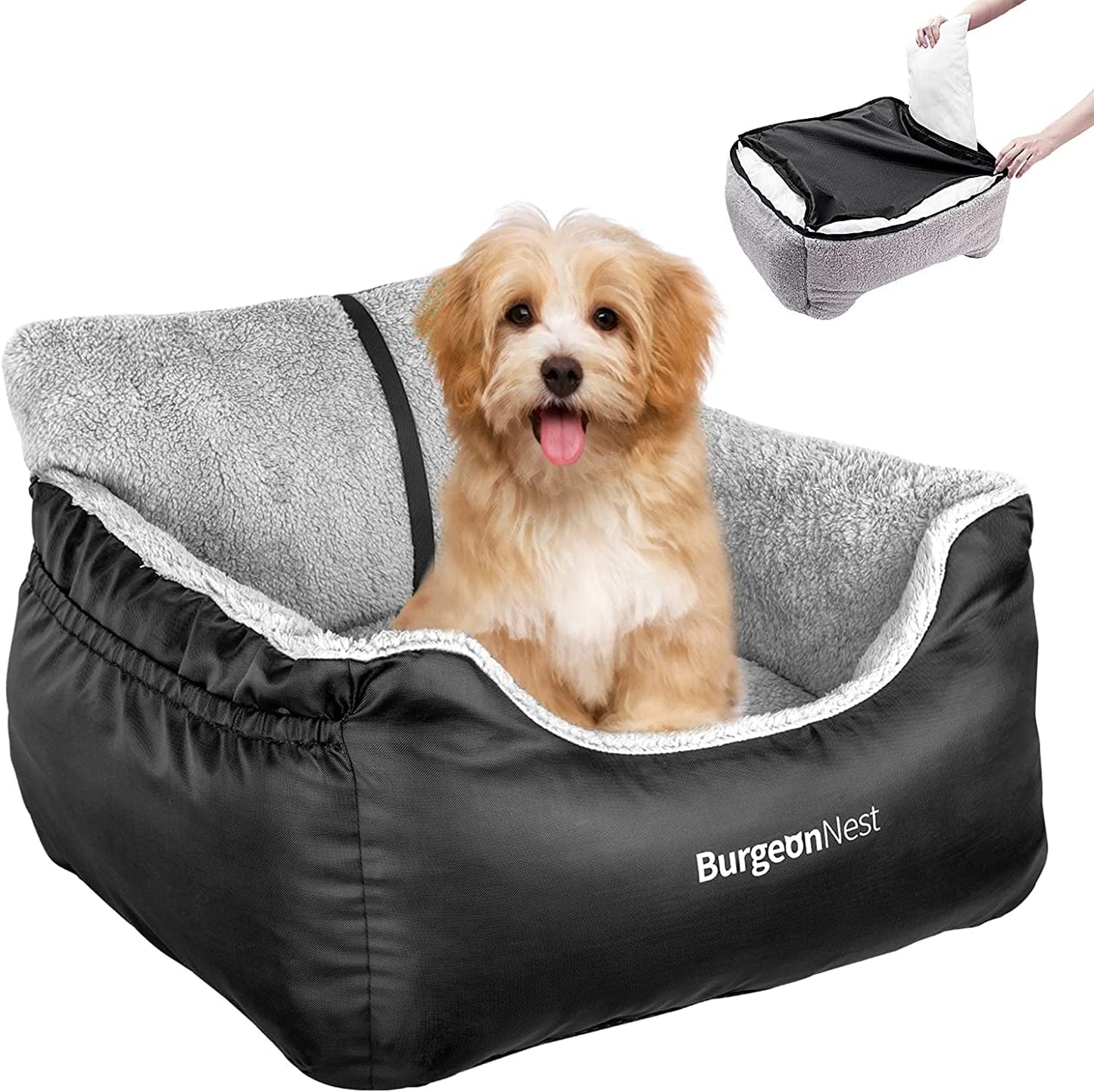 Burgeonnest Dog Car Seat for Small Dogs, Soft Pet Car Travel Home Bed under 25 Lbs, Fully Detachable and Washable Cat Booster Carseats with Storage Pockets and Clip-On Leash Portable Carrier,Black