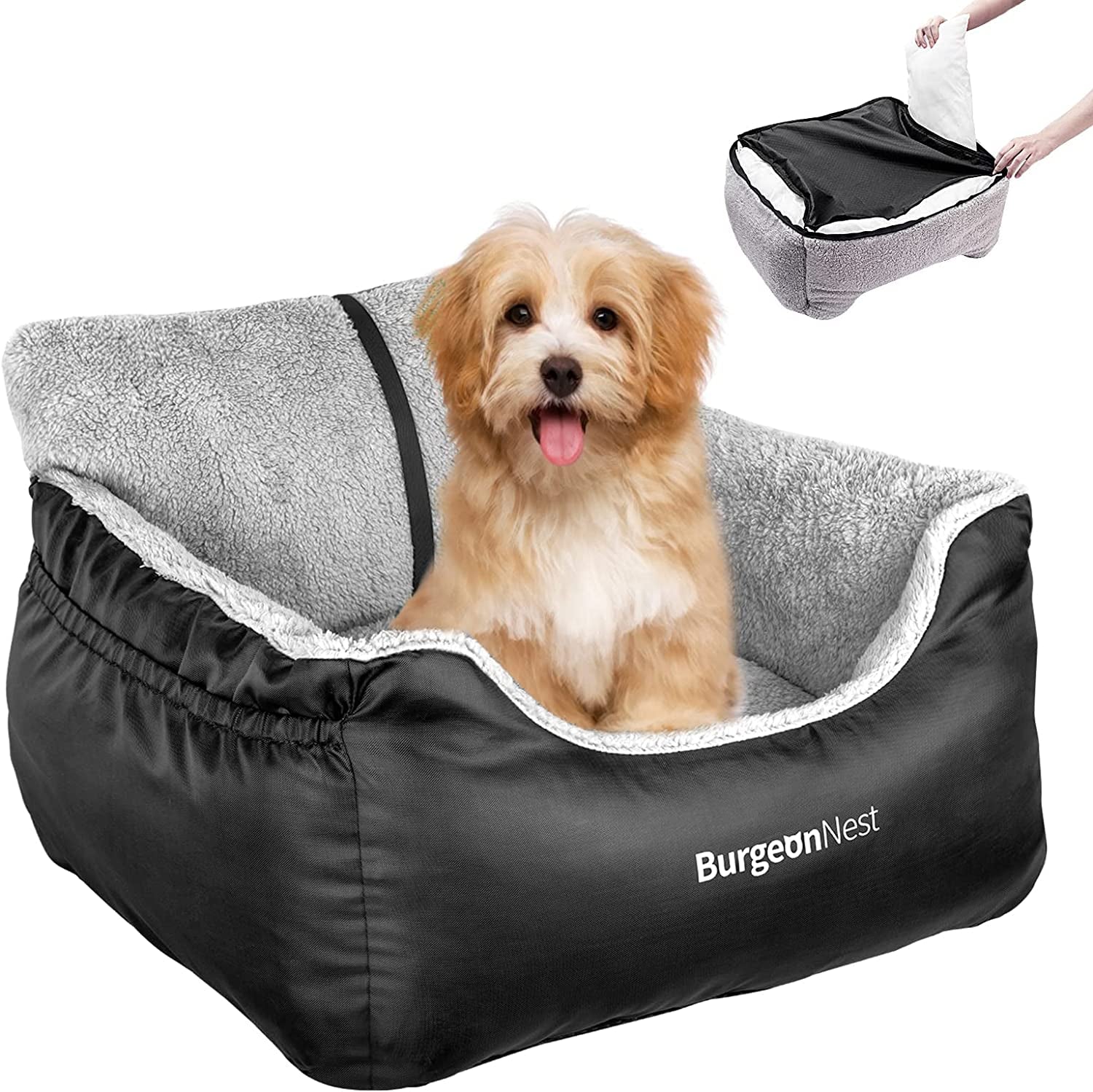 Burgeonnest Dog Car Seat for Small Dogs, Soft Pet Car Travel Home Bed under 25 Lbs, Fully Detachable and Washable Cat Booster Carseats with Storage Pockets and Clip-On Leash Portable Carrier,Black